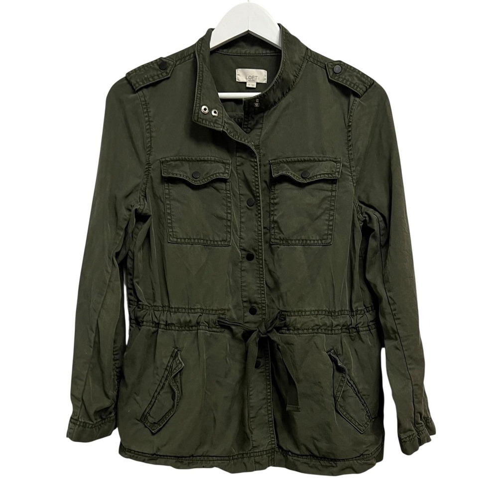 LOFT Jacket Womens Medium Petite Green Lyocell Military Utility Drawstring Waist